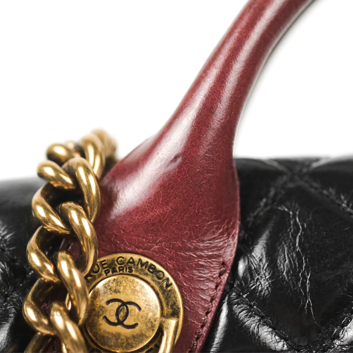 Chanel Large Castle Rock Flap Bag Black Glazed Aged Calfskin Burgundy Handle