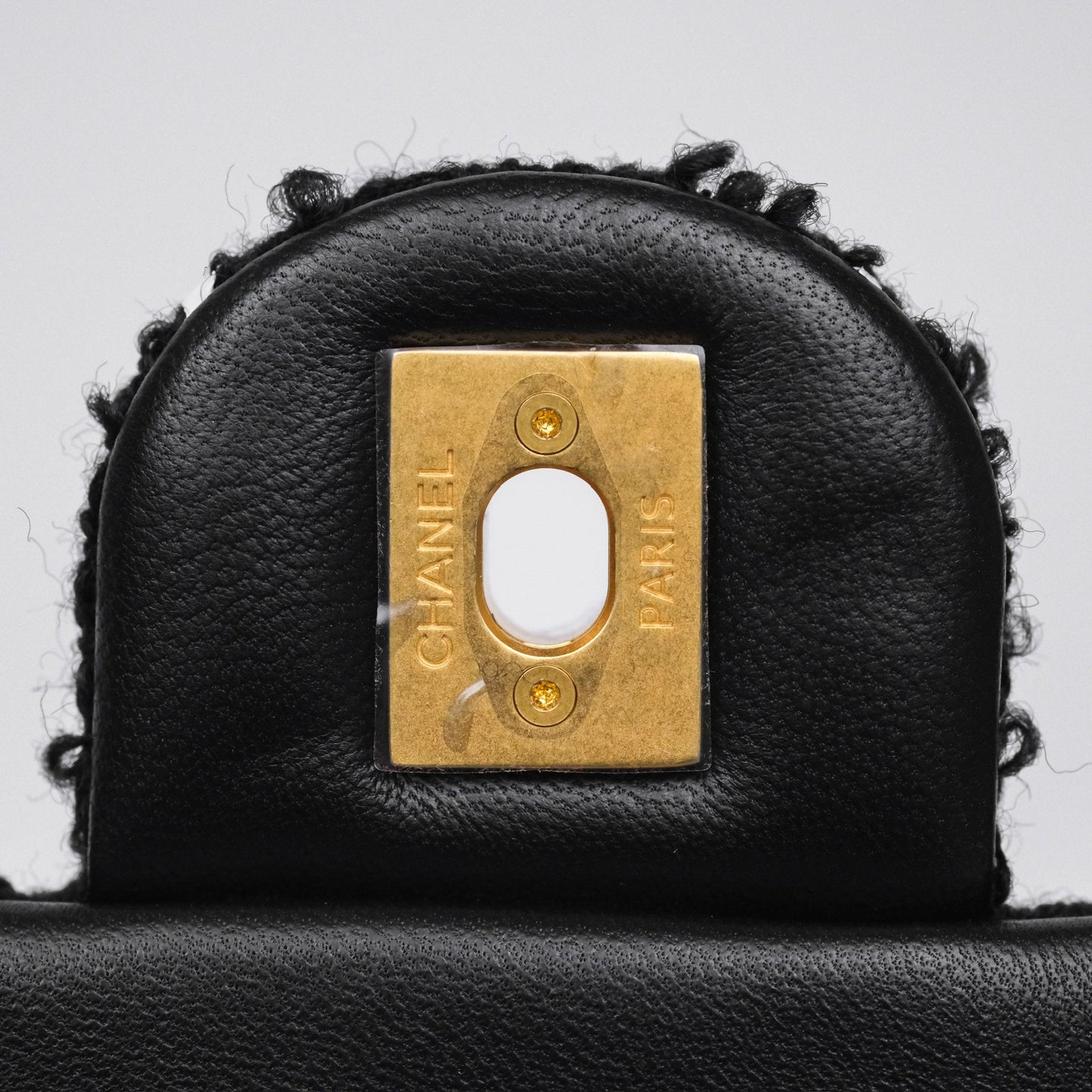 Chanel Pearl Crush Mini Rectangular Grid Black White Tweed Aged Gold Hardware