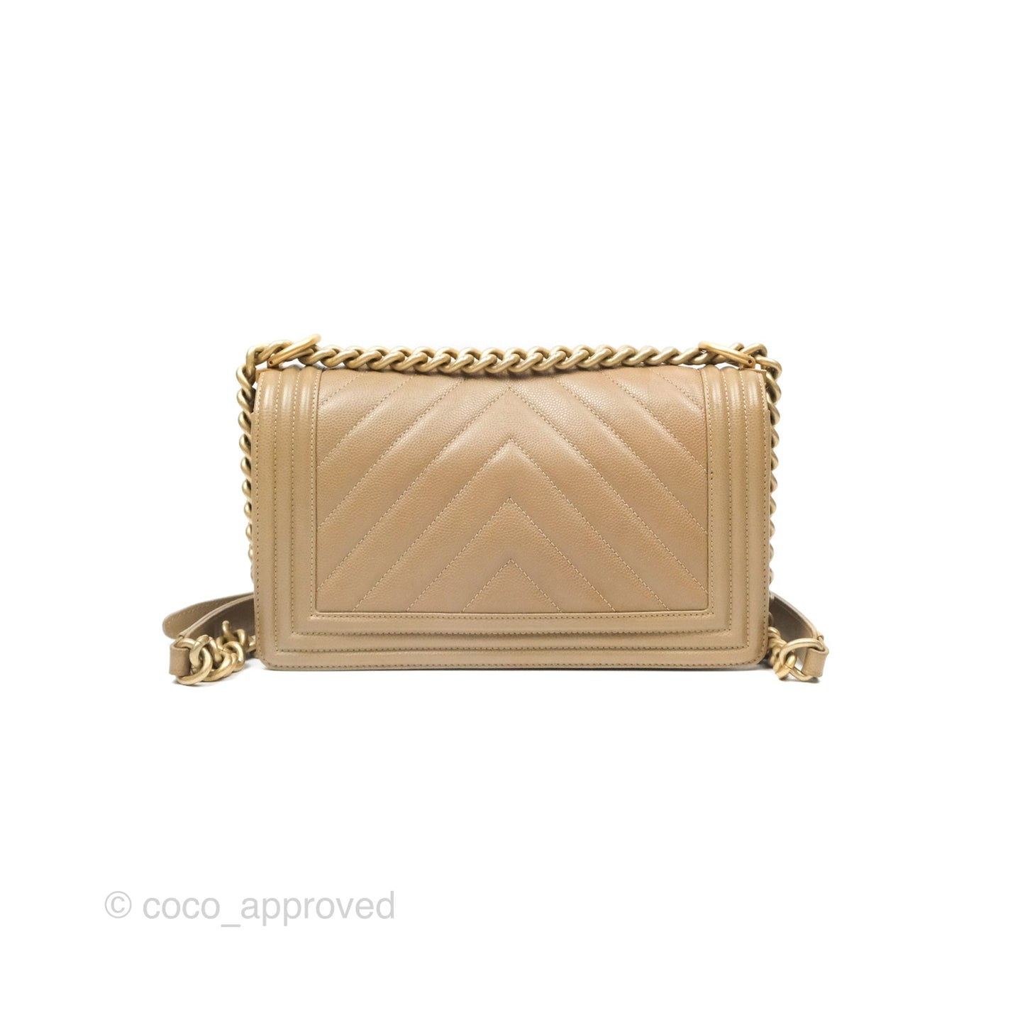 Chanel Medium Boy Chevron Beige Caviar Aged Gold Hardware