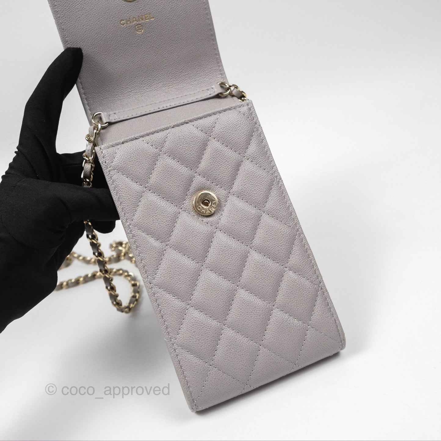 Chanel Quilted Phone Holder Grey Caviar Gold Hardware