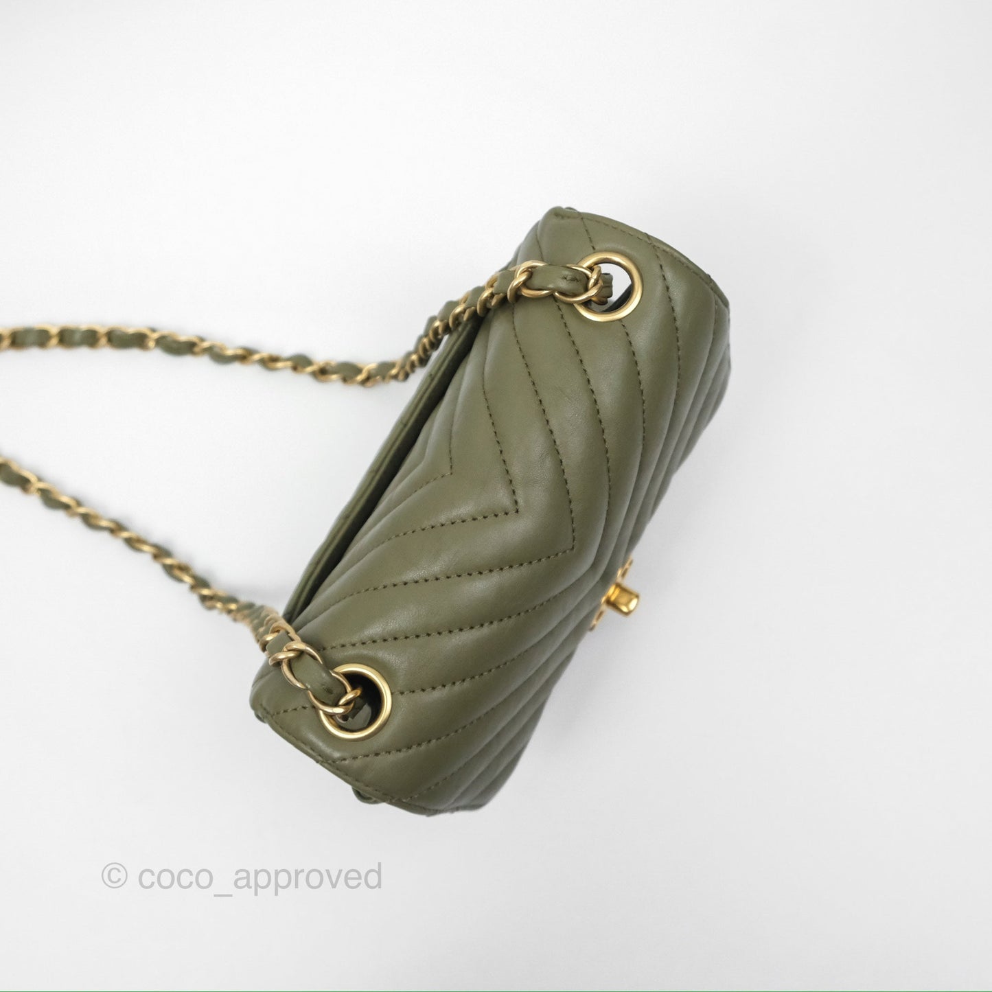 Chanel Mini Square Flap Chevron Olive Green Calfskin Gold Hardware