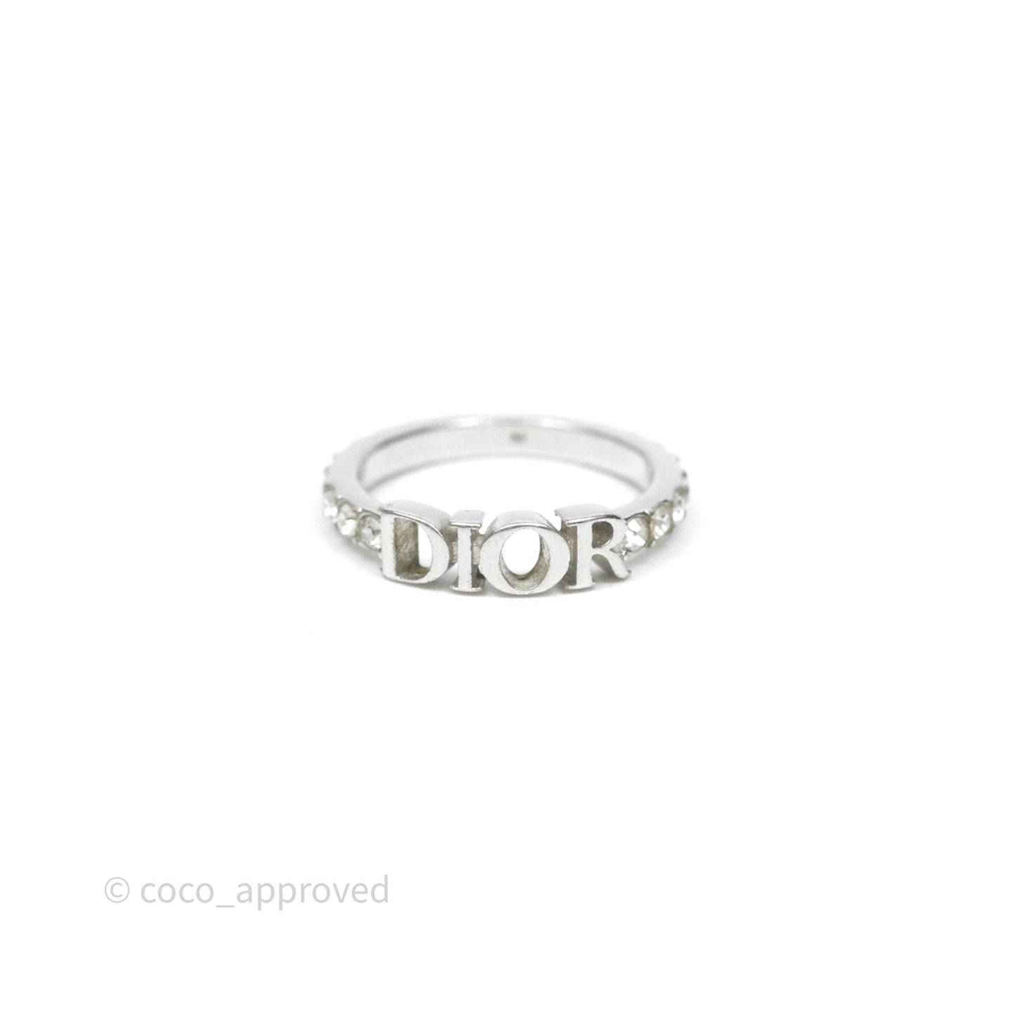 Christian Dior Crystal Logo Ring Silver Tone Size M