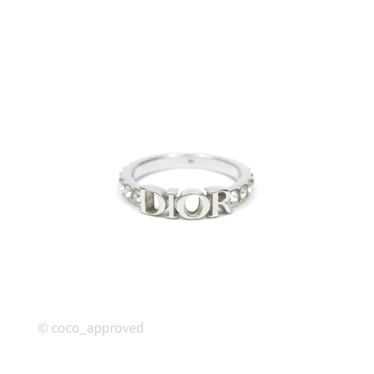 Christian Dior Crystal Logo Ring Silver Tone Size M