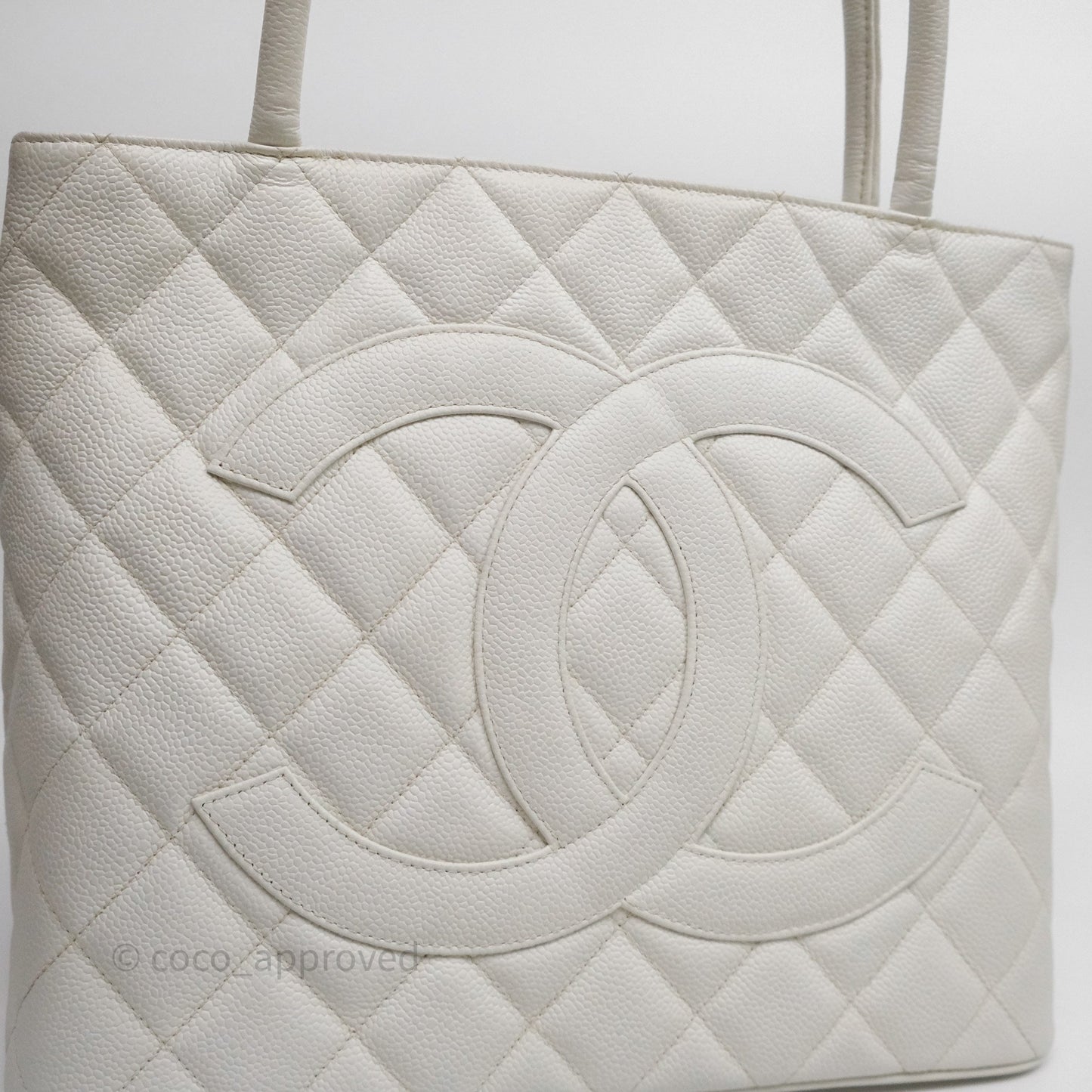 Chanel Vintage Medallion CC White Caviar Tote Bag Gold Hardware
