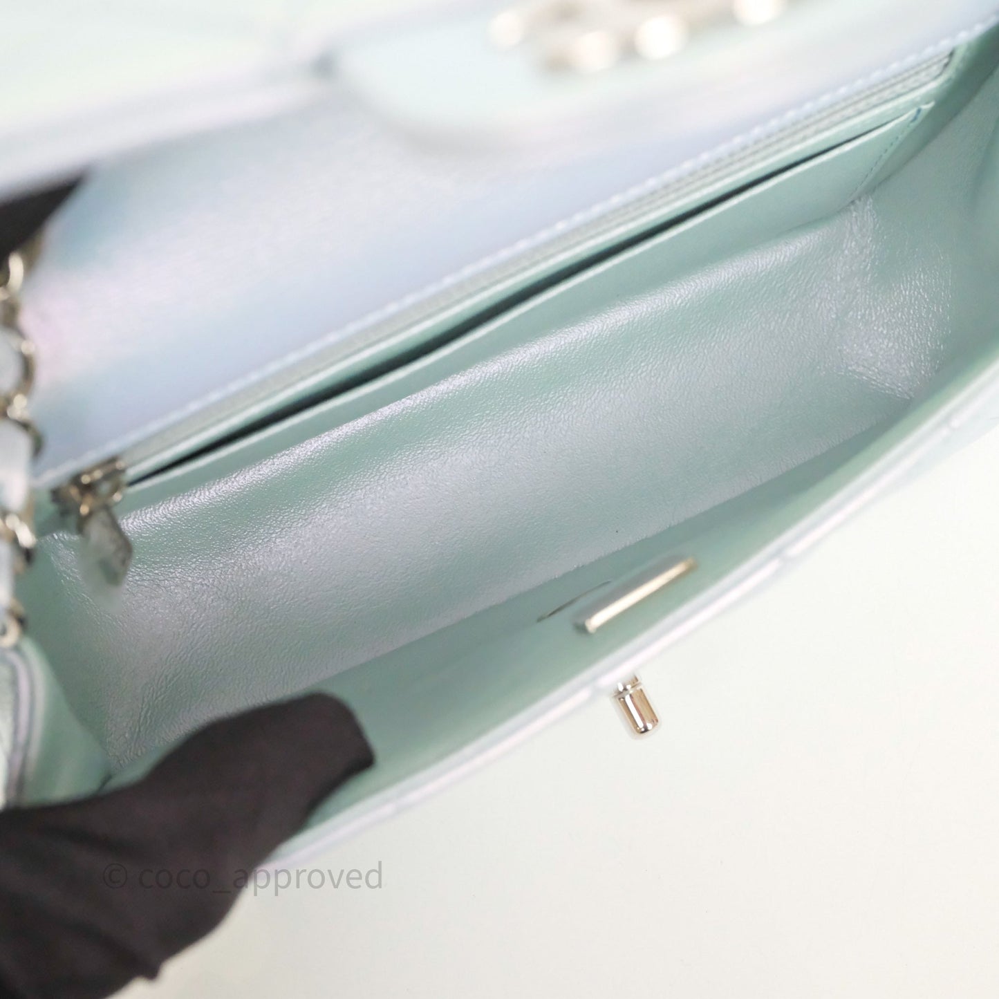 Chanel Mini Rectangular Bag Quilted Iridescent Icy Blue Silver Hardware