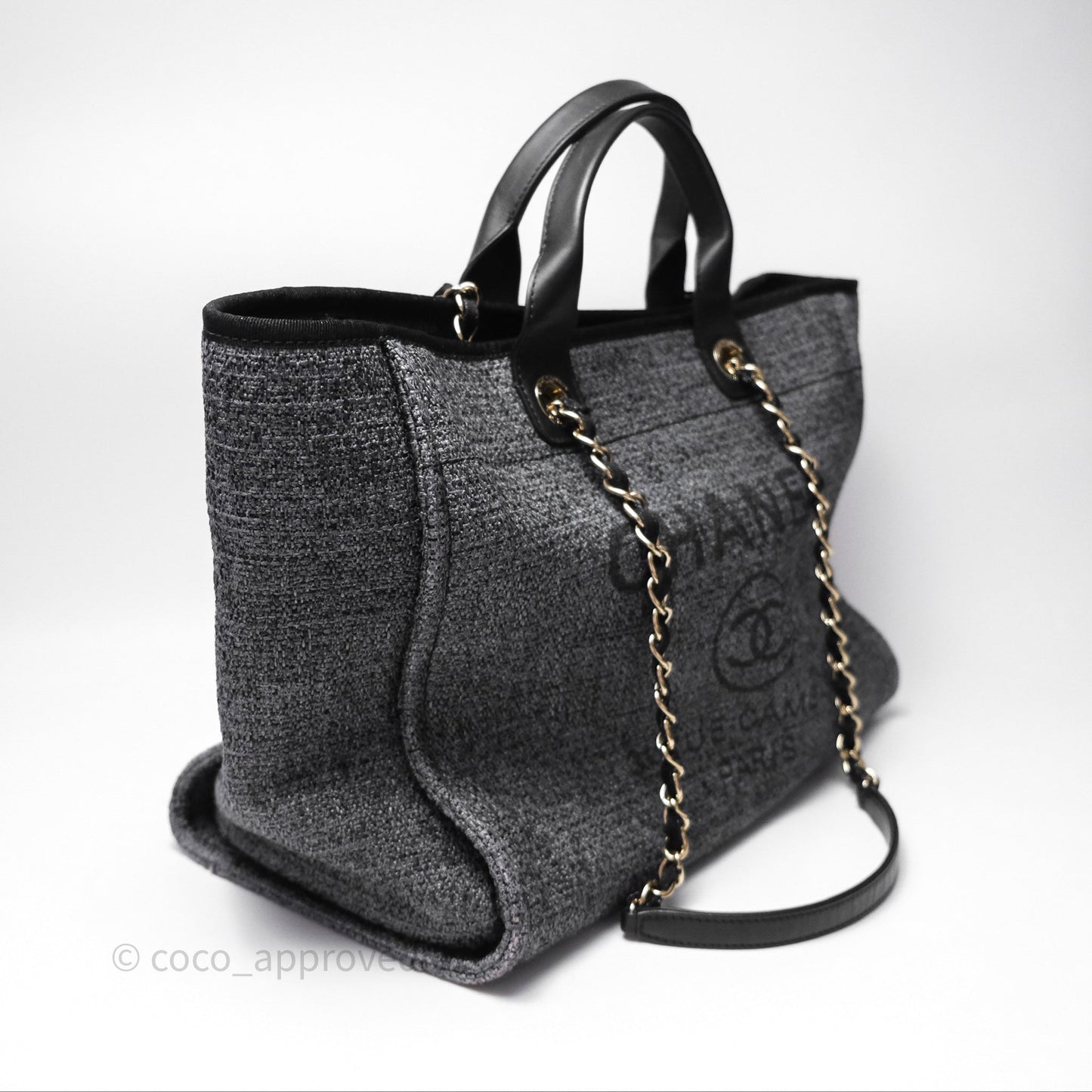 Chanel Large Deauville Glitter Black Grey Raffia Gold Hardware