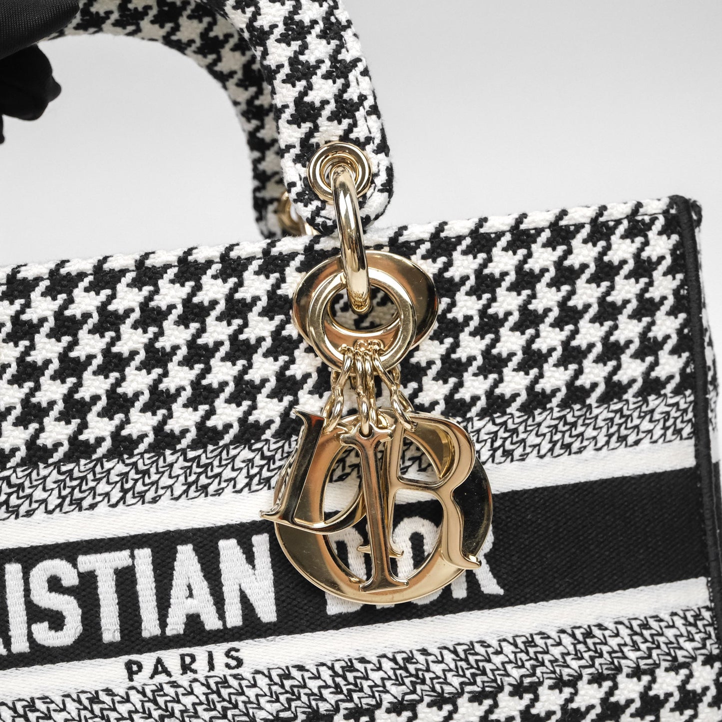 Christian Dior Medium Lady D-Joy Bag Black White Houndstooth Gold Hardware
