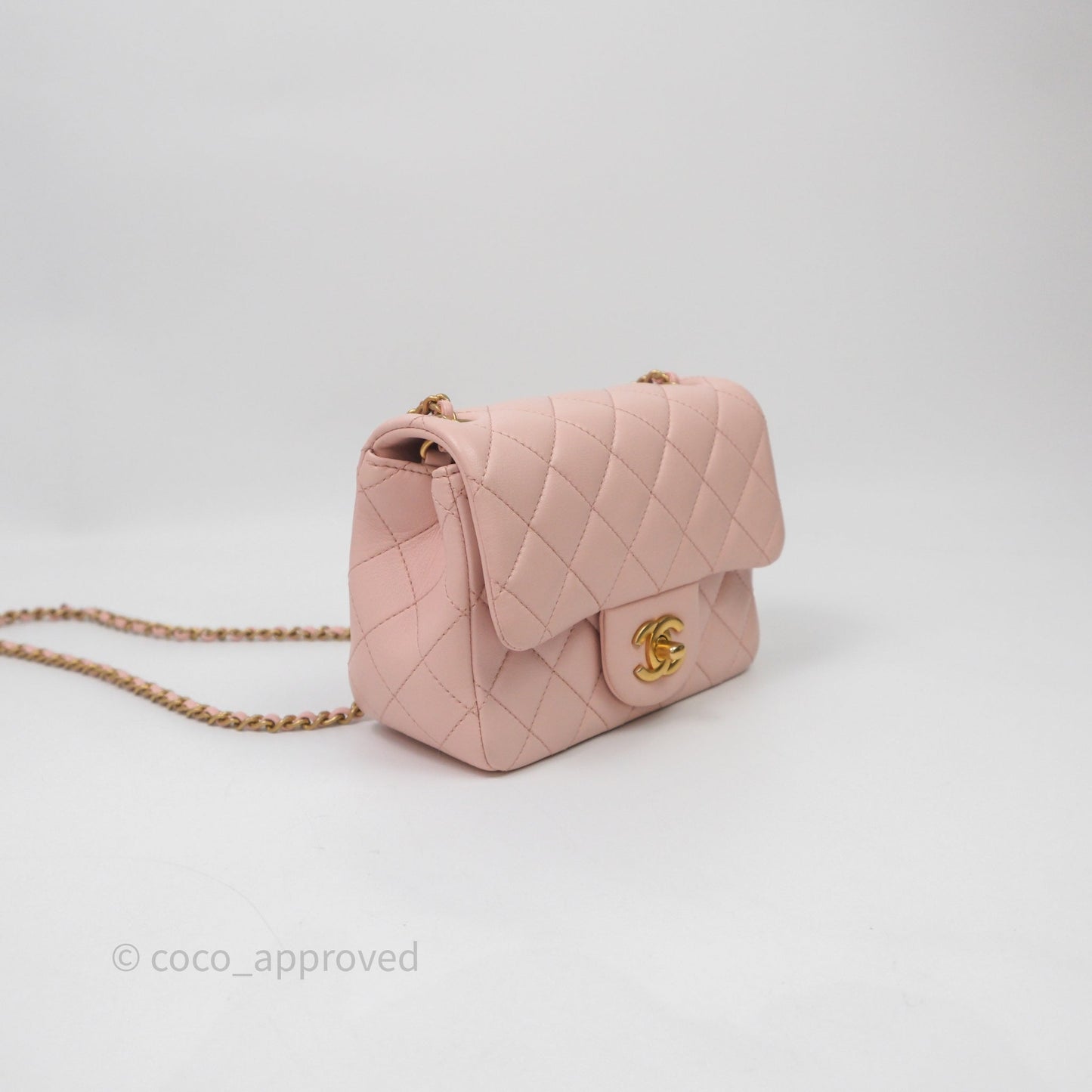 Chanel Pearl Crush Mini Square Quilted Pink Lambskin Aged Gold Hardware