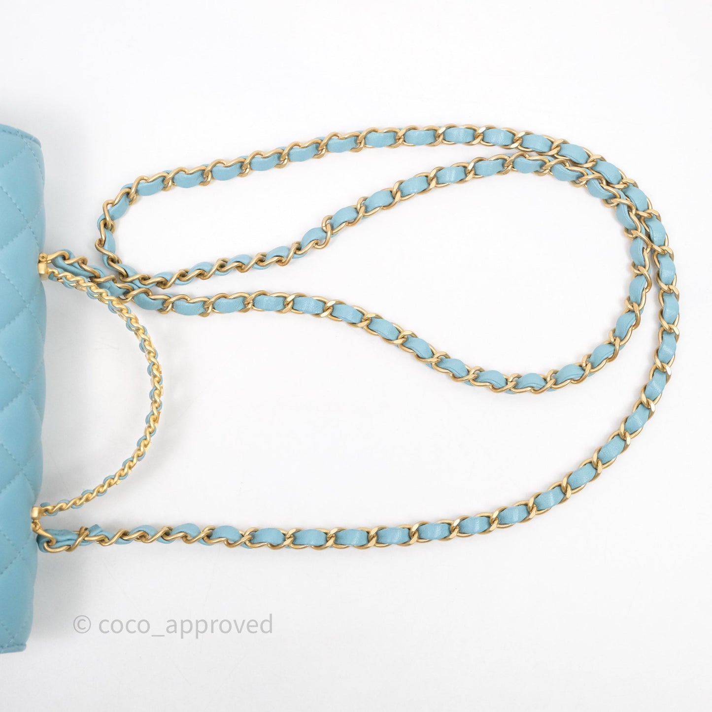 Chanel Flap Bag with Crystal Logo Top Handle Tiffany Blue Lambskin Aged Gold Hardware