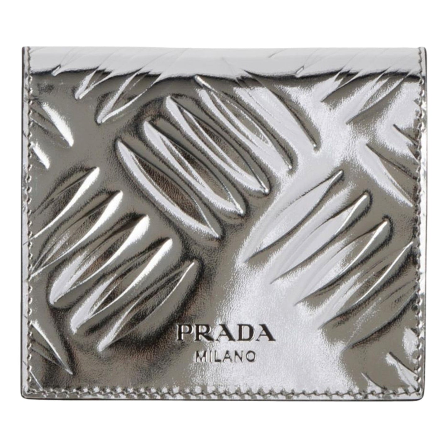 Luxury PradaSpazzolato Foldover Card Wallet Metallic Silver Embossed Leather
