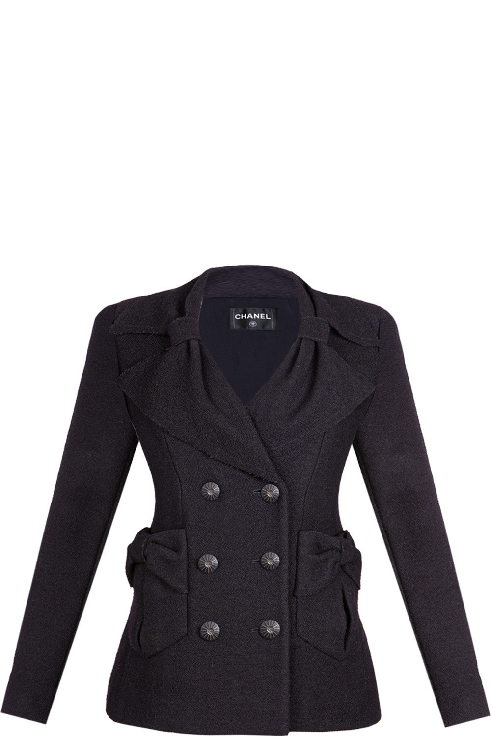 CHANEL Jacket Bow Pockets Tweed Navy