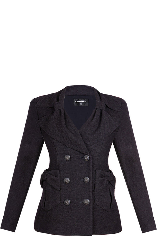 CHANEL Jacket Bow Pockets Tweed Navy