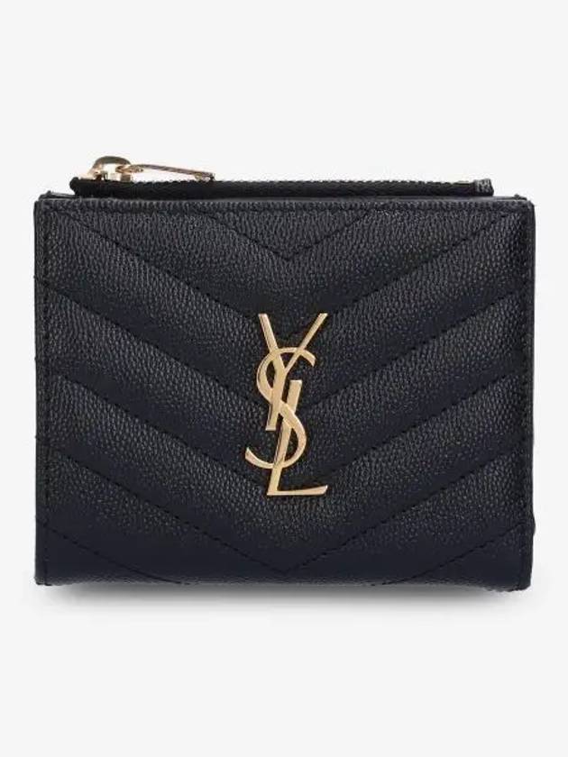 Luxury Saint Laurent Cassandre Matelasse Grain De Poudre Embossed Leather Half Wallet Black