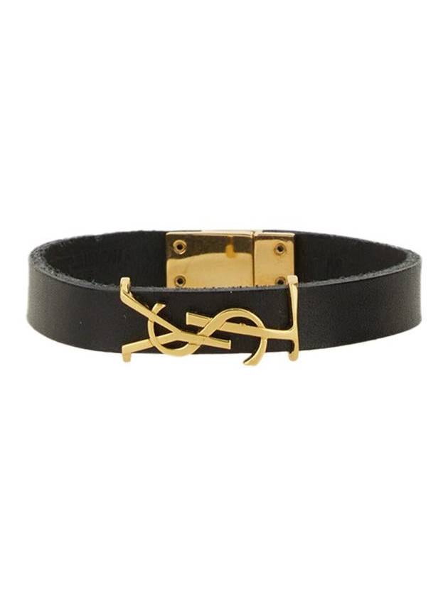 Luxury Saint Laurent Opyum Silver Logo Leather Bracelet Black
