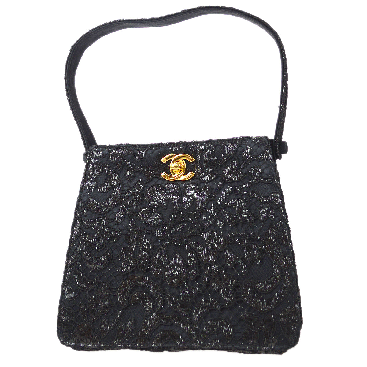 Luxury Chanel * 1997-1999 Lace Both Side Handbag Black Satin