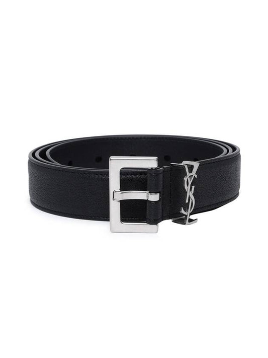 Luxury Saint Laurent Silver Hardware Monogram Buckle Leather Belt Black