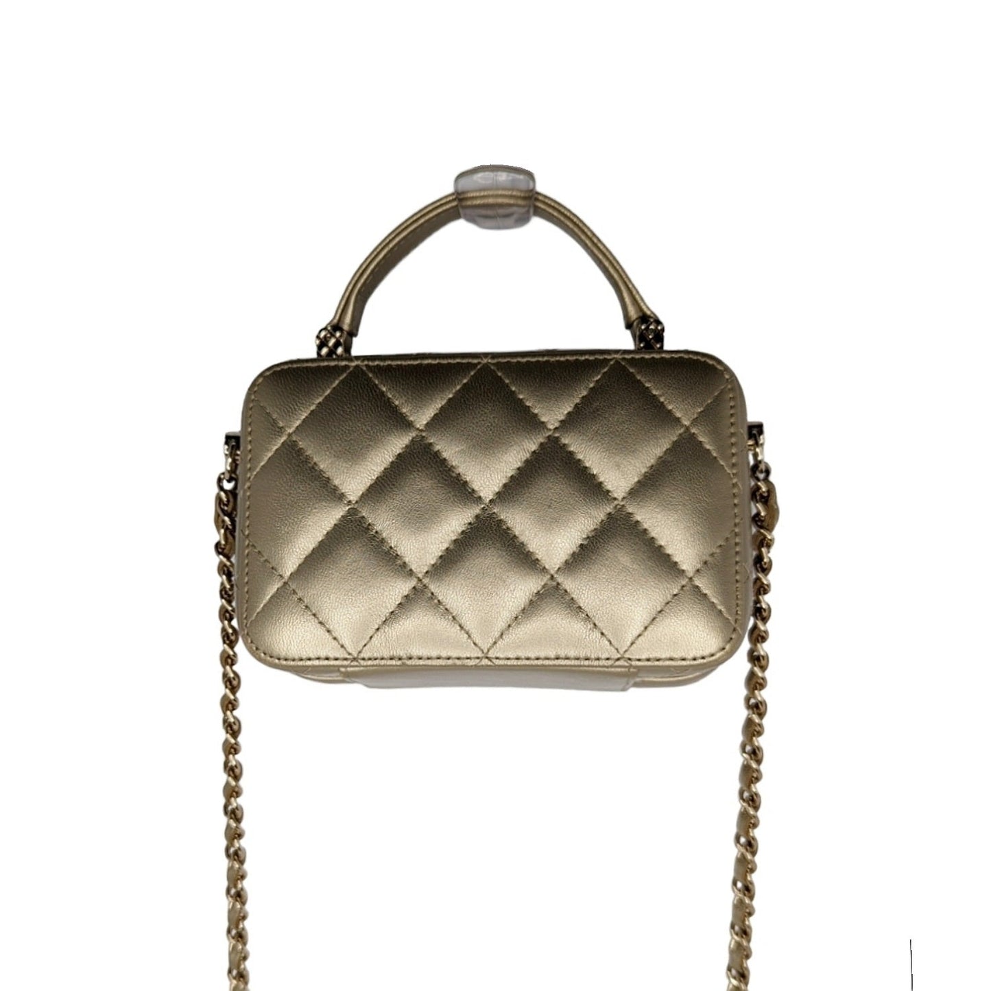 Luxury Chanel bag Metallic Lambskin Quilted Top Handle Vanity Case Gold
