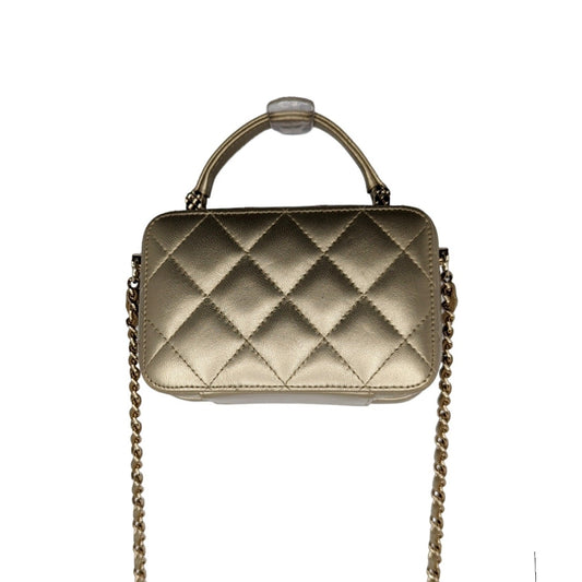 Luxury Chanel bag Metallic Lambskin Quilted Top Handle Vanity Case Gold