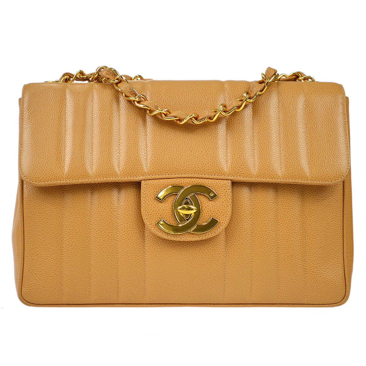Luxury Chanel 1991-1994 Big CC Vertical Stitch Classic Flap Jumbo Beige Caviar