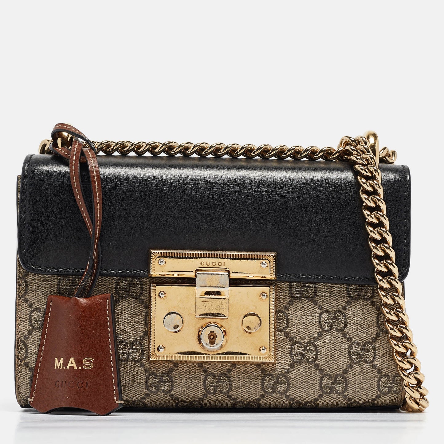 Luxury Gucci Trending 2025 Black/beige Gg Supreme Canvas And Leather Small Padlock Shoulder Bag..