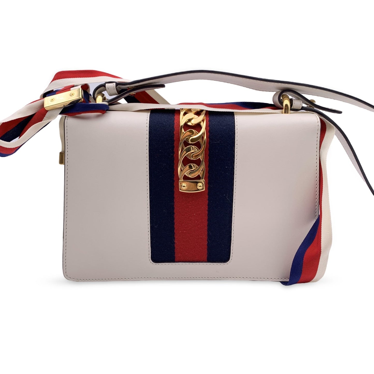 Luxury Gucci White Leather Sylvie Small Signature Web Shoulder Bag