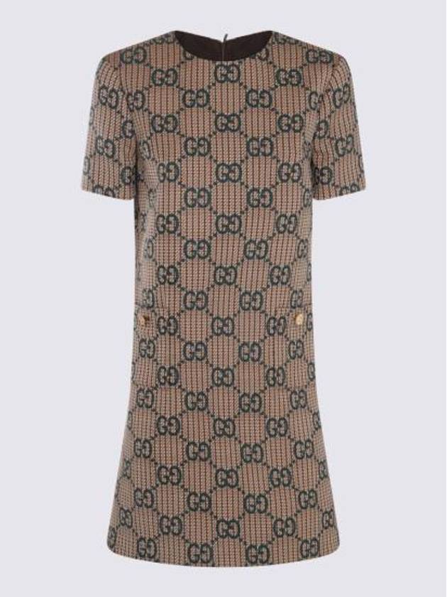 Luxury Gucci Trending 2025 GG Wool Short Dress Green Beige