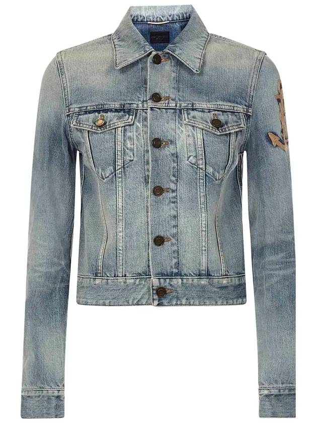 Luxury Saint Laurent Anchor Embroidered Denim Jacket Blue
