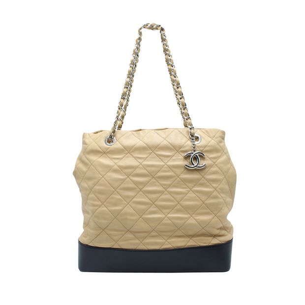 Luxury Chanel Light Brown And Black Quilted Tote Bag In Silver Hardware