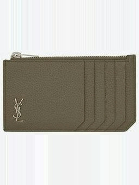 Luxury Saint Laurent Men's Cassandre Logo Plaque Cardholder in Kaki Fonce | 629899DTI0E2952