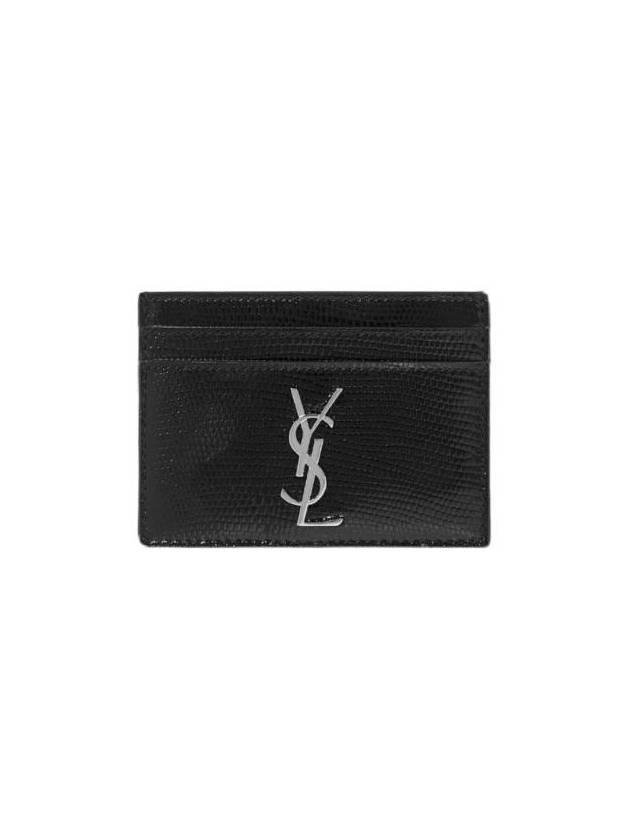 Luxury Saint Laurent Monogram Lizard Effect Glossy Leather Card Holder Black Silver