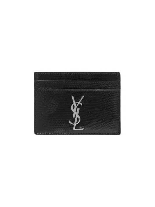 Luxury Saint Laurent Monogram Lizard Effect Glossy Leather Card Holder Black Silver