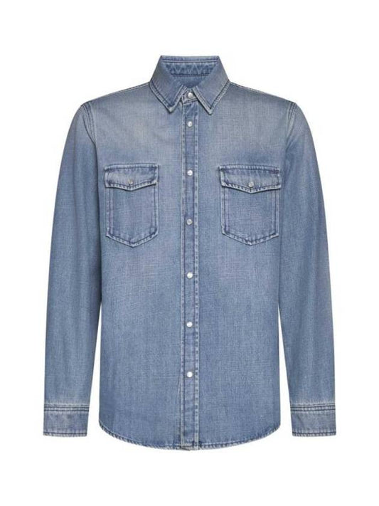 Luxury Saint Laurent Oversized Denim Long Sleeve Shirt Blue