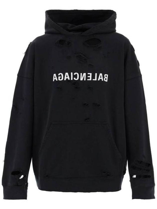 Luxury Balenciaga Mirror Distressed Cotton Hoodie Black