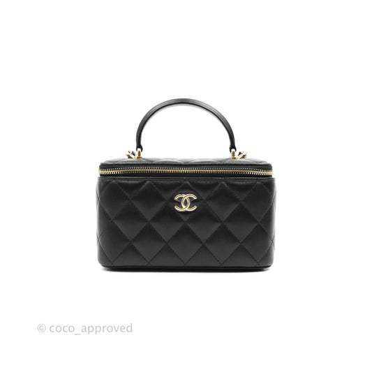 Chanel Classic Vanity Rectangular Top Handle With Chain Black Lambskin Gold Hardware