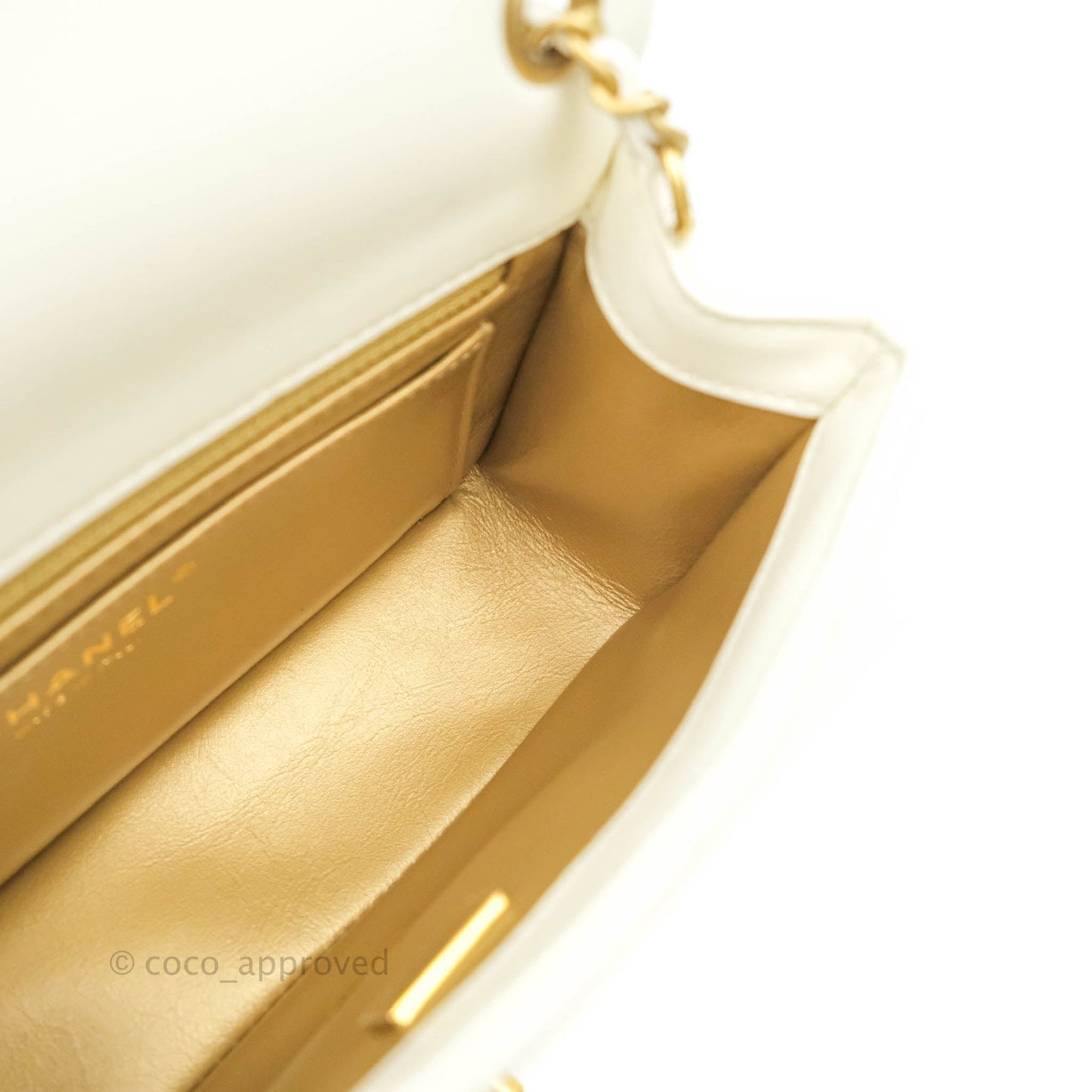 Chanel Mini Rectangular Pearl Crush Quilted White Lambskin Aged Gold Hardware 22C