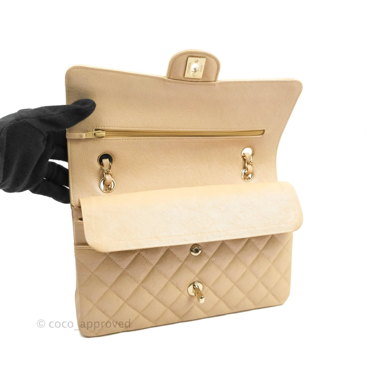 Chanel Classic Medium Flap Quilted Iridescent Beige Caviar Gold Hardware 19S