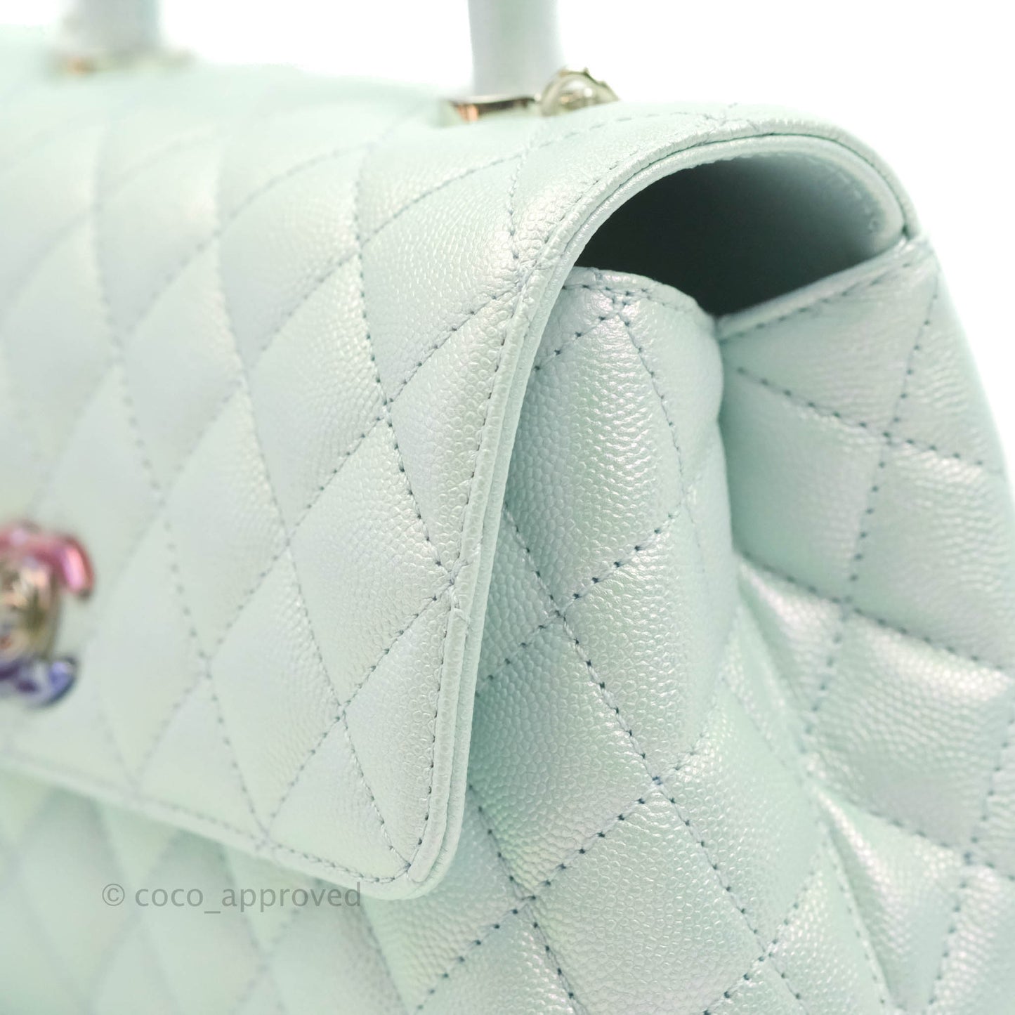 Chanel Mini (Small) Quilted Coco Handle Iridescent Light Blue Caviar Rainbow Hardware