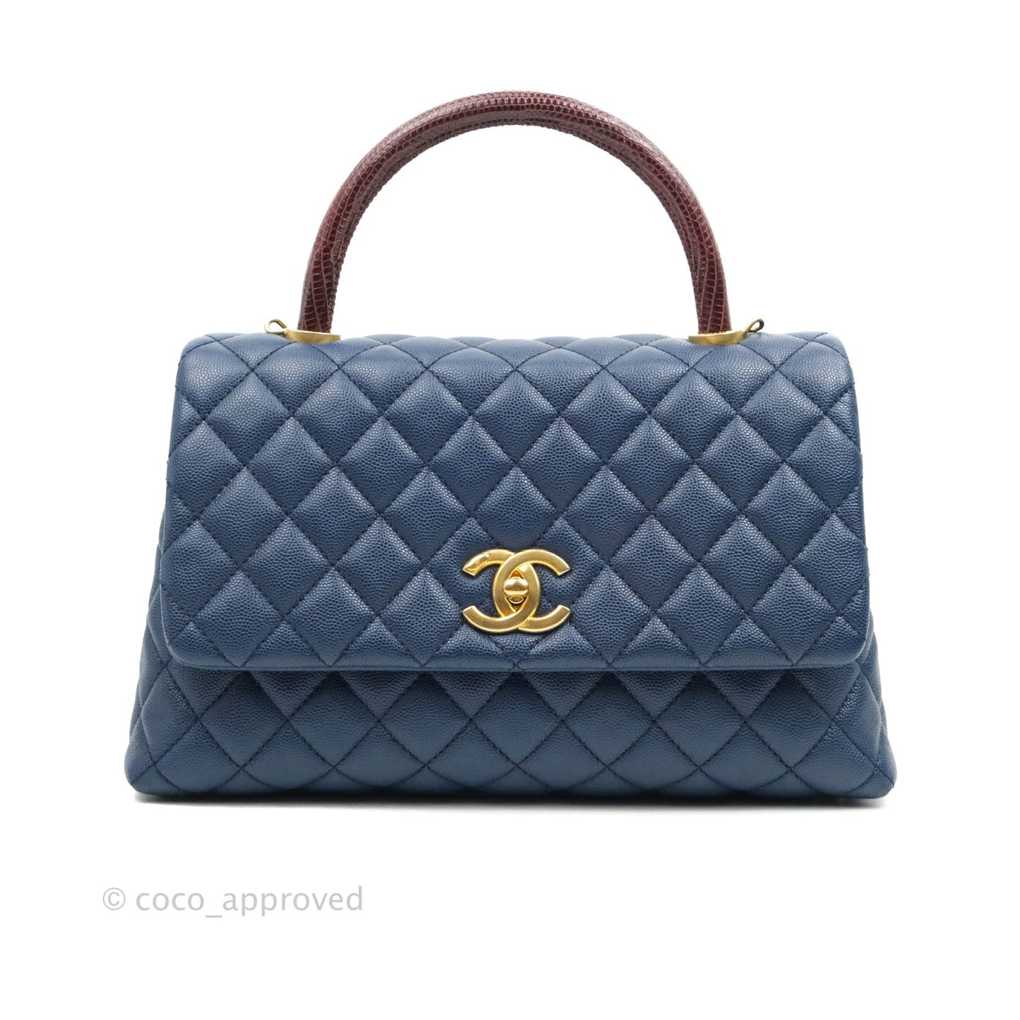 Chanel Medium (Small) Coco Handle Quilted Navy Caviar Lizard Handle Gold Hardware