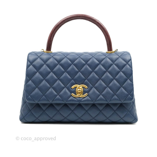 Chanel Medium (Small) Coco Handle Quilted Navy Caviar Lizard Handle Gold Hardware