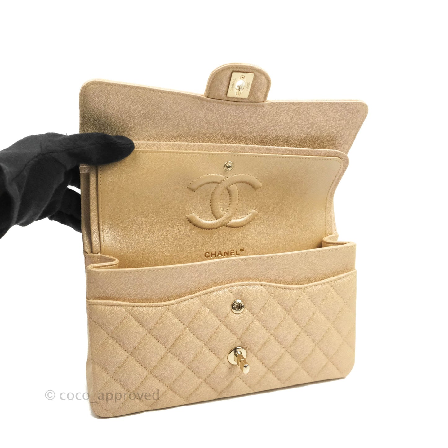 Chanel Classic Medium Flap Quilted Iridescent Beige Caviar Gold Hardware 19S