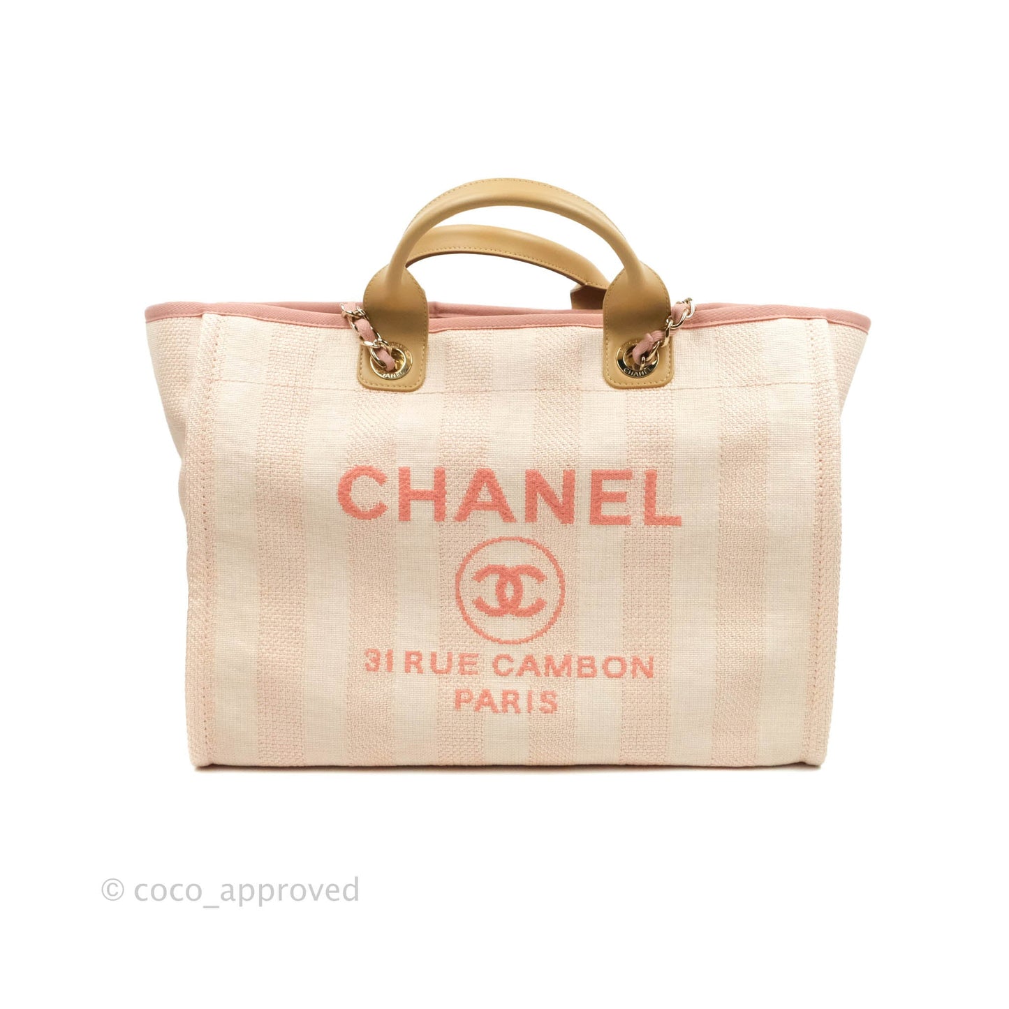 Chanel Large Deauville Pink Stripe Canvas Beige Handle Gold Hardware