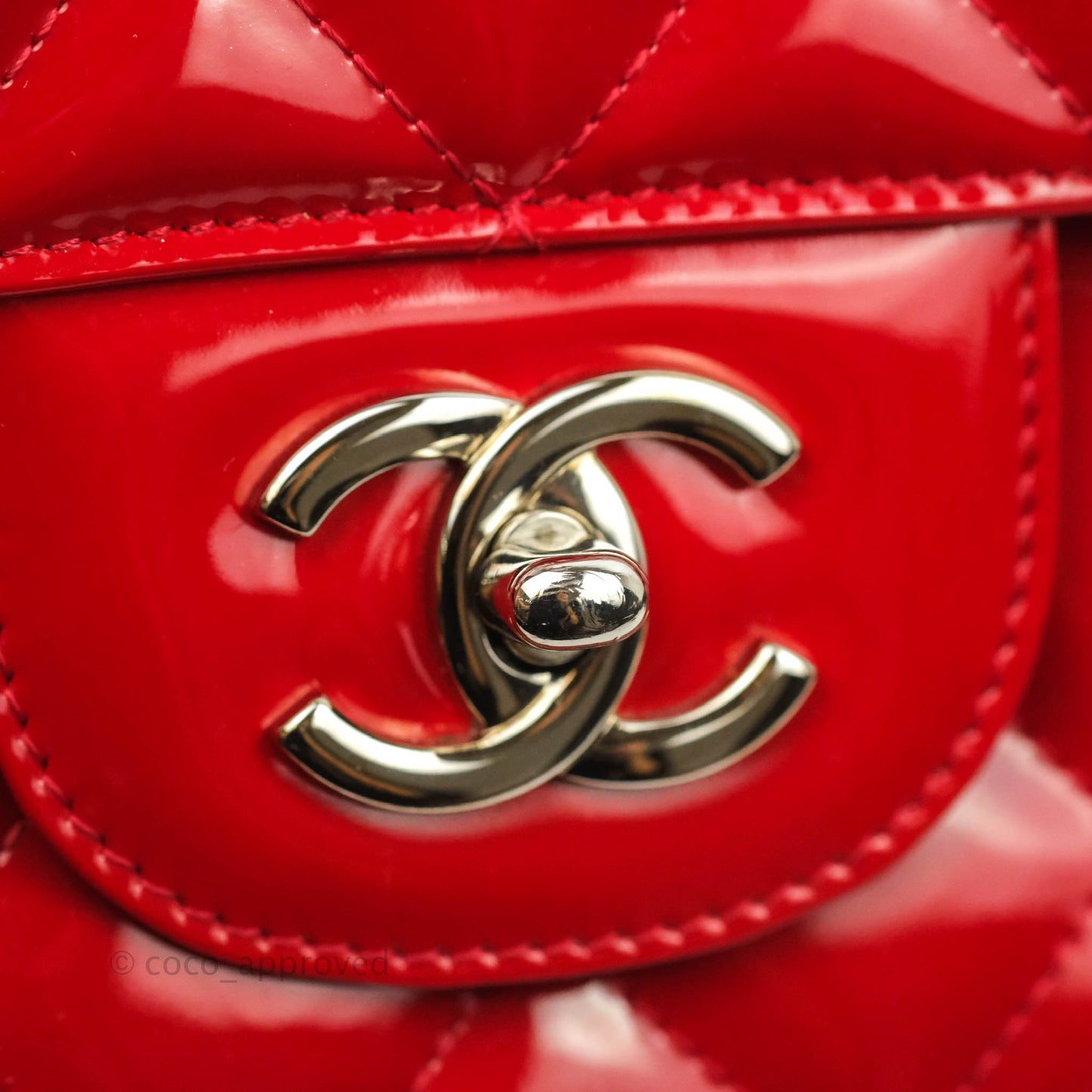 Chanel Quilted Jumbo Red Patent Silver Hardware 10C
