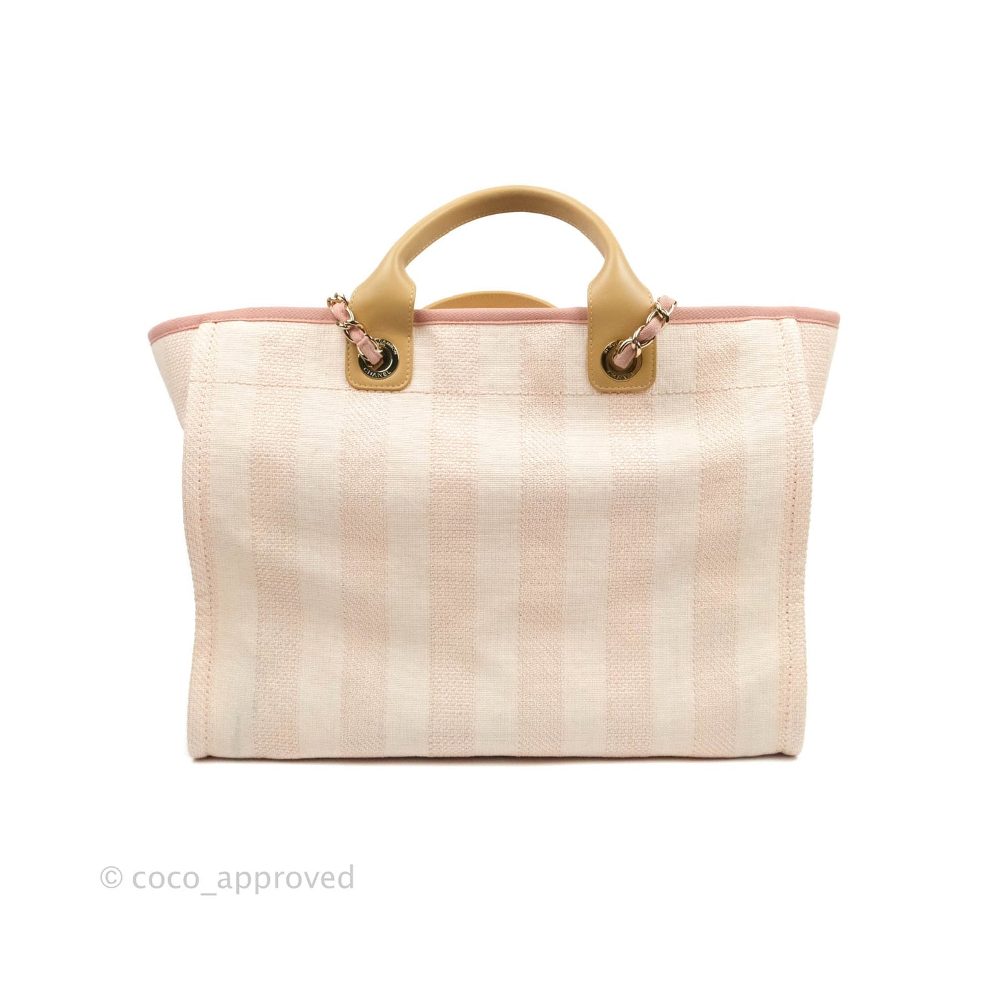 Chanel Large Deauville Pink Stripe Canvas Beige Handle Gold Hardware