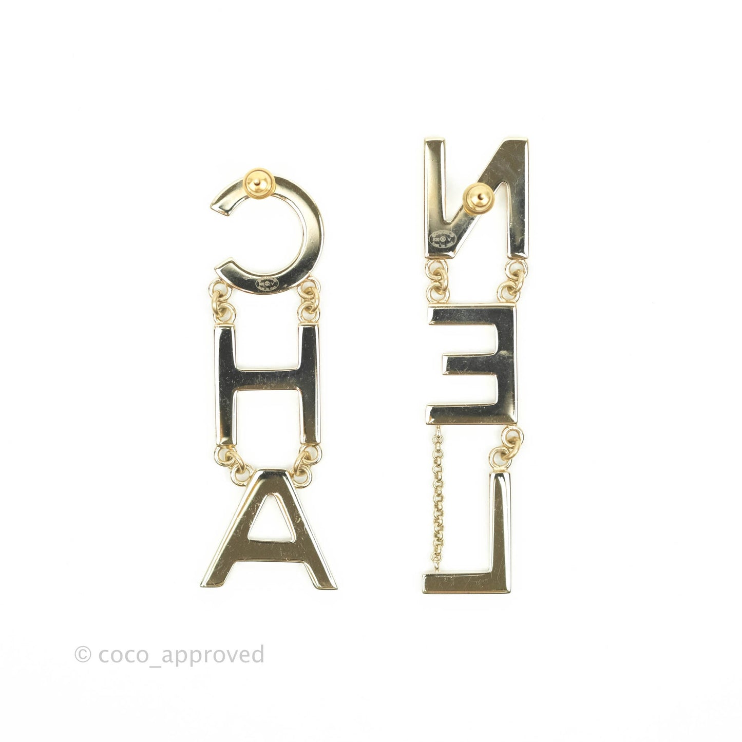 Chanel Letter Cha-Nel Logo Drop Earrings Gold Tone 20V