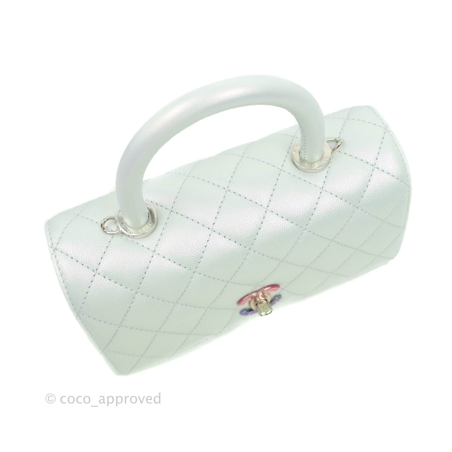 Chanel Mini (Small) Quilted Coco Handle Iridescent Light Blue Caviar Rainbow Hardware