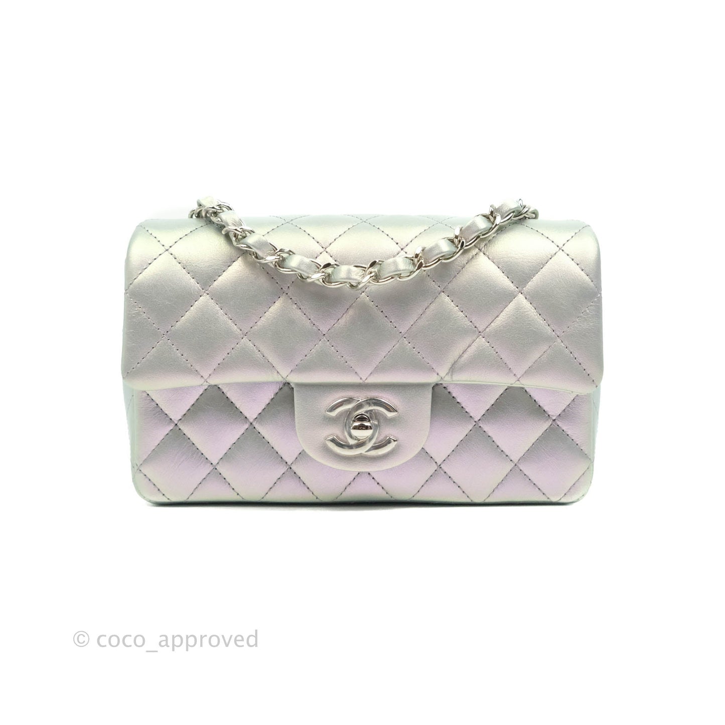 Chanel Quilted Mini Rectangular Iridescent White Lilac Calfskin Silver Hardware