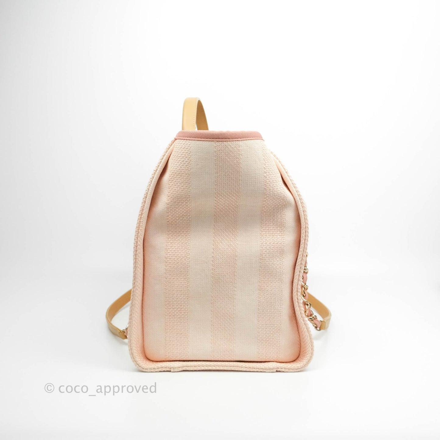 Chanel Large Deauville Pink Stripe Canvas Beige Handle Gold Hardware