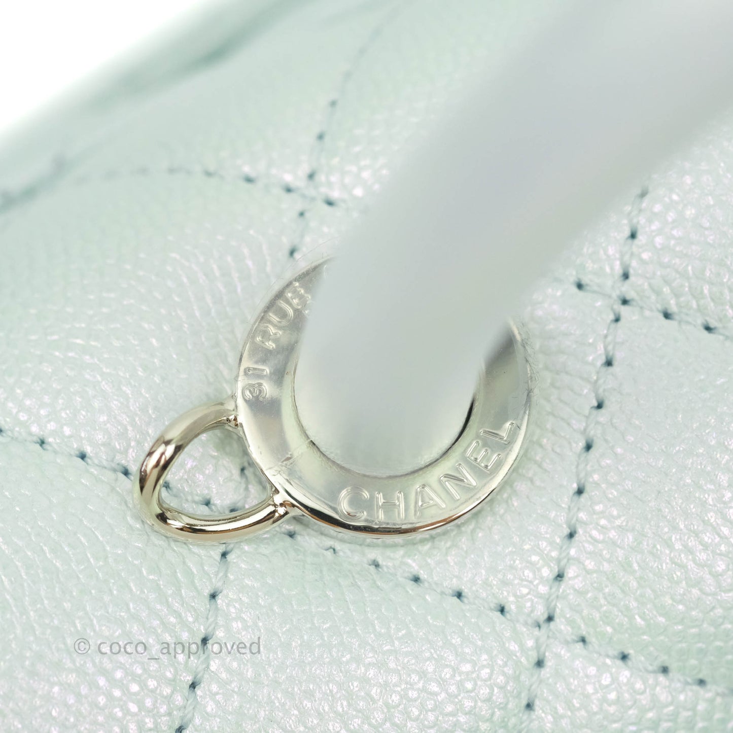 Chanel Mini (Small) Quilted Coco Handle Iridescent Light Blue Caviar Rainbow Hardware