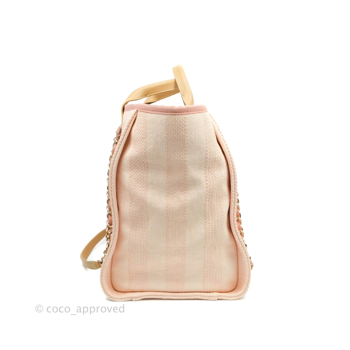Chanel Large Deauville Pink Stripe Canvas Beige Handle Gold Hardware