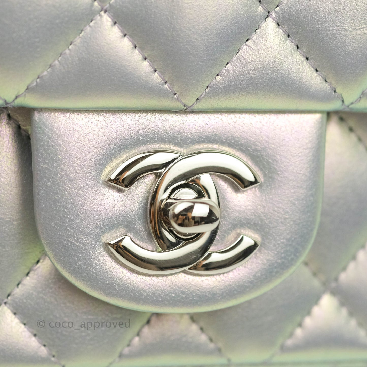 Chanel Mini Square Quilted Iridescent White Lilac Silver Hardware